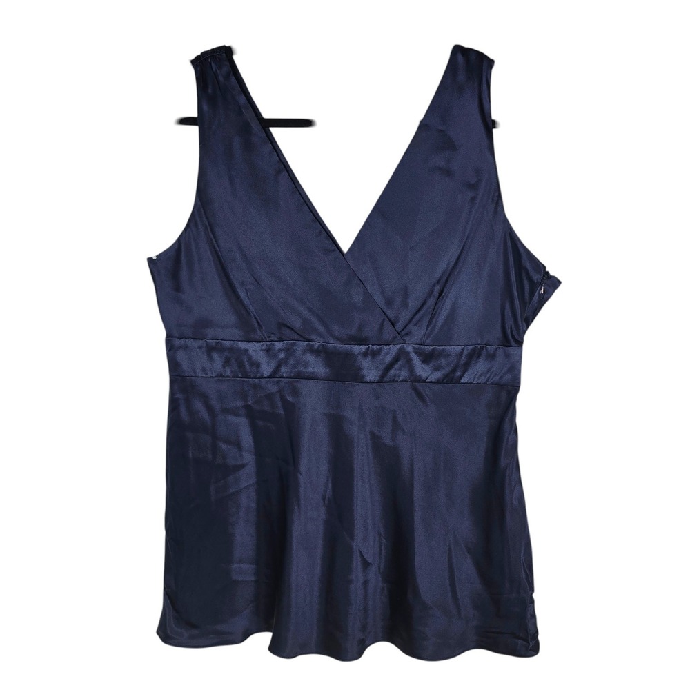 INC International Concepts Navy Blue 100% Silk Wrap V-Neck Peplum Top Size 14